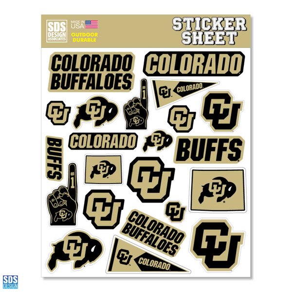 University of Colorado sticker sheet with various CU Buffaloes designs including logos, foam fingers, pennants, and text graphics in black and gold.